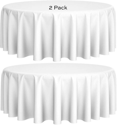 2 Pack White Round Tablecloths 90 Inch [Perfect Size for 30 60 Inch Tables] 200 GSM Premium Quality Textured Washable Polyester Fabric 90 Table C