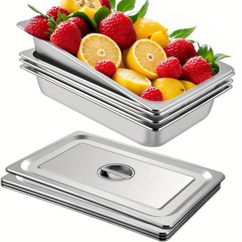4 Pack Steam Table Pans 20.9 x 12.8 x 3.9 Inch Deep Steam Table Pan Full Size 13L Deep Food Container Stainless Steel Oven Tray Hotel Pans Anti-J